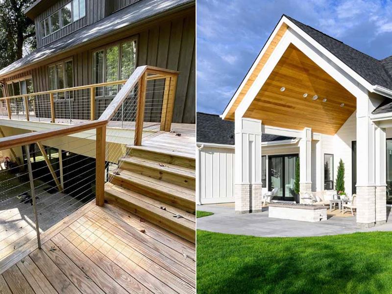 A pressure-treated lumber deck and railing compared next to a thermally modified wood covered porch