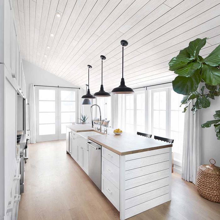 Modern new kitchen Rustic Collection shiplap ceiling island